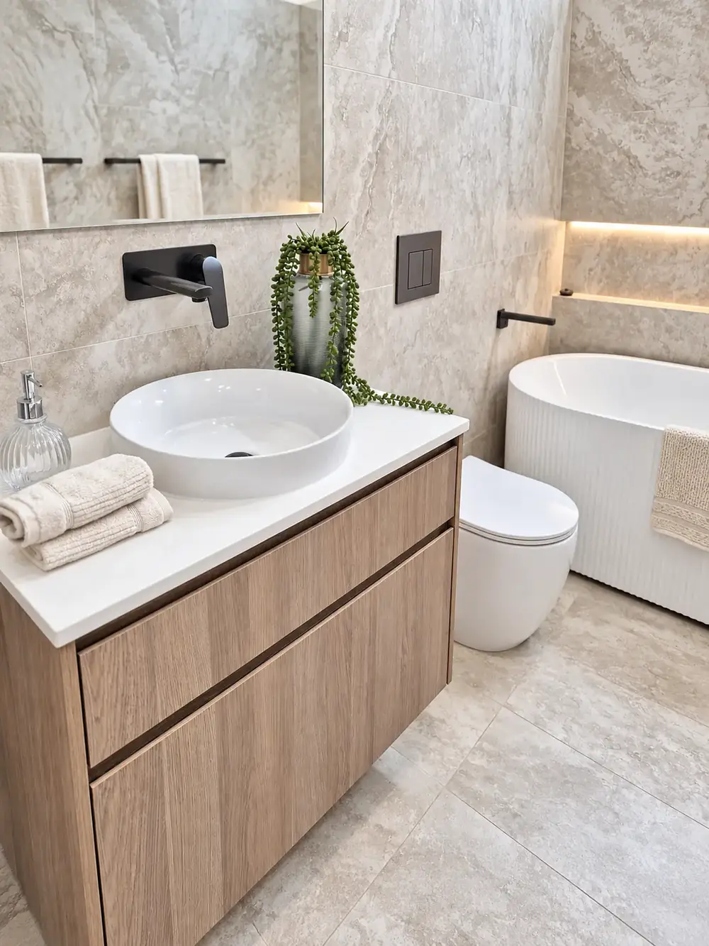 Picnic Point bathroom vanity with round basin and freestanding bath beyond